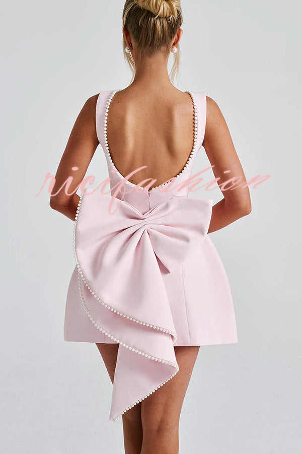 Stylish Pearl-embellished Large Bow Slim-fit Mini Dress