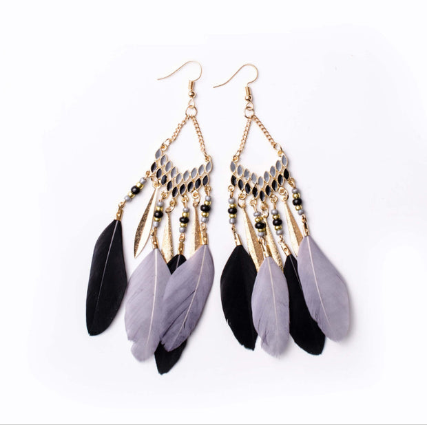 Vintage chain tassel bohemian feather earrings