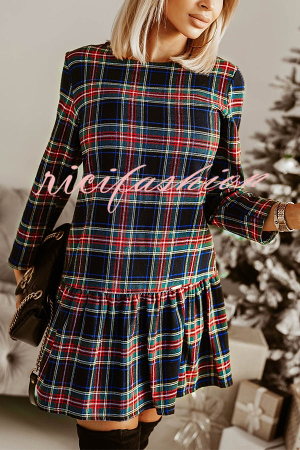 Fashionable Plaid Print Long Sleeve Round Neck Slim Fit Mini Dress