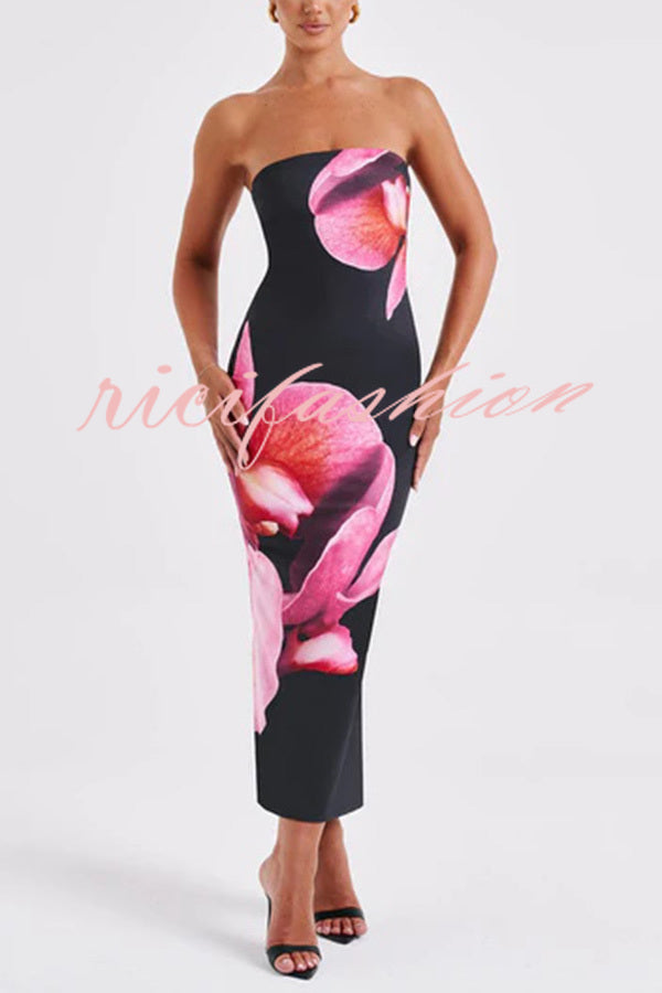 Emmaline Abstract Floral Print Bandeau Stretch Maxi Dress