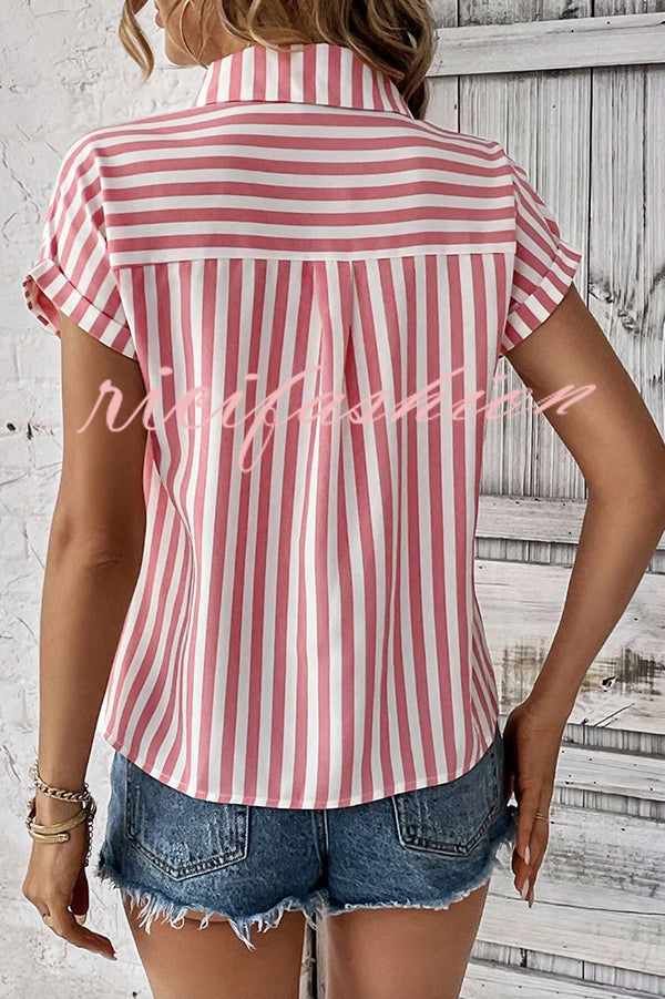 Striped Print Short Sleeve Pocket Shirt Top