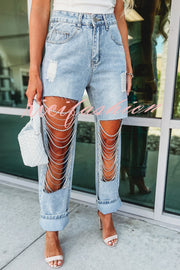 Casual Pocket Ripped Chain Embellished Straight Jeans