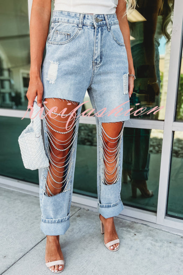 Casual Pocket Ripped Chain Embellished Straight Jeans