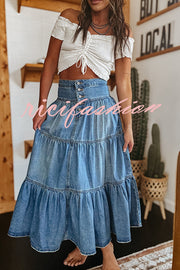 Bohemian High Rise Button Up Loose Denim Pocket Maxi Skirt