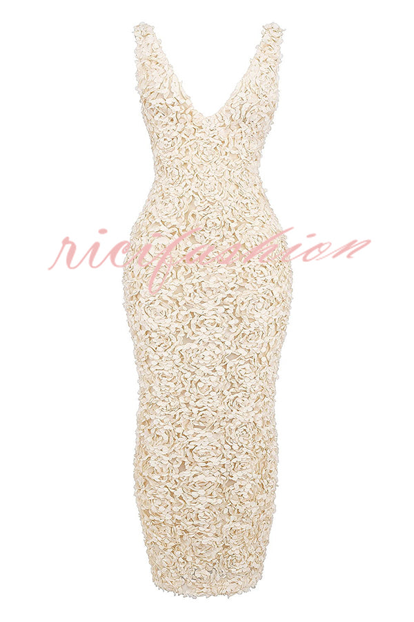 Champagne Party Rose Floral Applique Slit Pencil Maxi Dress