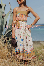 Summer Vibes Linen Blend Unique Print Smocked Belt Midi Dress