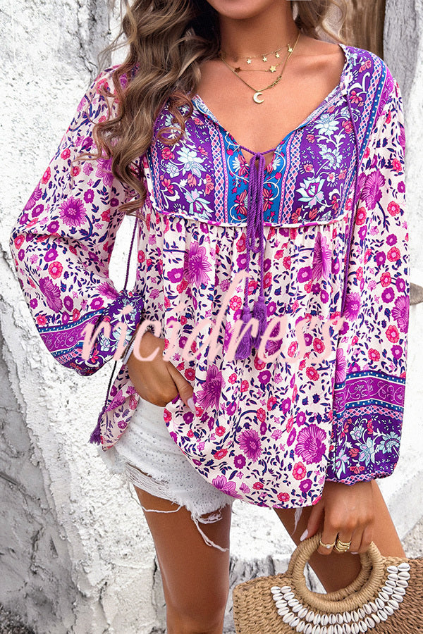 Intricate Floral Print V Neck Lace Up Paneled Long Sleeve Shirt