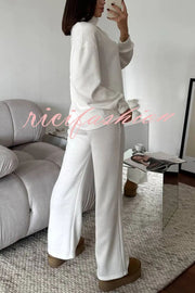 Solid Color Casual Knitted High Neck Long Sleeve Top and Elastic Waist Loose Pants Set