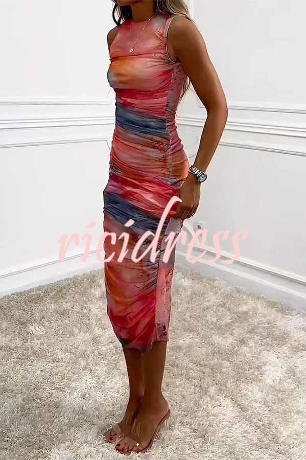 Locking Eyes Mesh Tie-dye Print Ruched Midi Dress