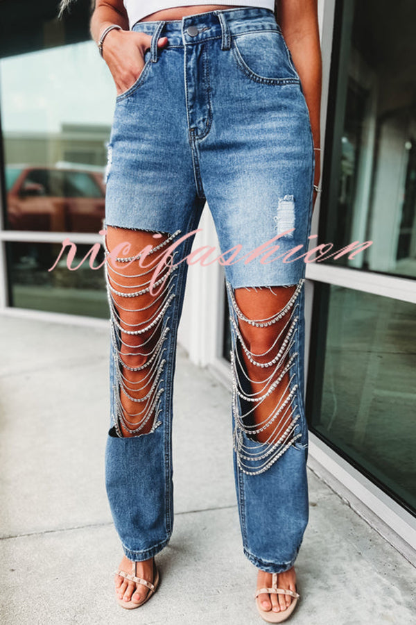 Casual Pocket Ripped Chain Embellished Straight Jeans