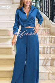 Satin Solid Color Lapel Long Sleeve Blouse and Loose-fitting Pocket Wide Leg Pants Set