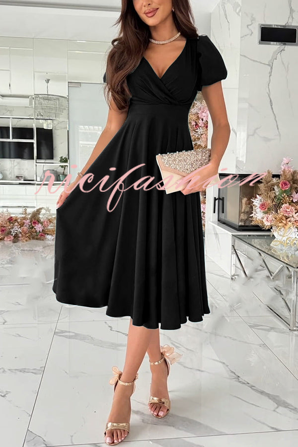 Zayla Solid Color Puff Sleeve V-neck Waist Slim Fit Midi Dress