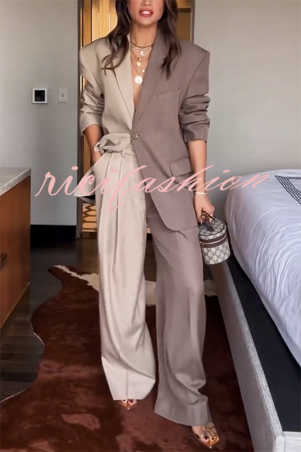 Girl Boss Avant-garde Contrast Colors Lapel Boyfriend Blazer and Pocketed Wide Leg Pants Set