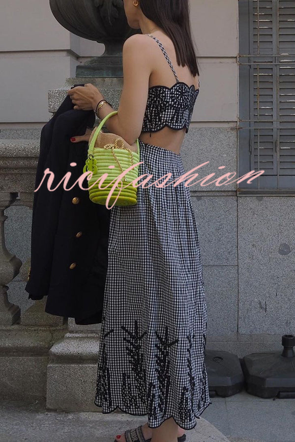 Wavy Edge Suspender Sexy Waist Hollow Midi Dress