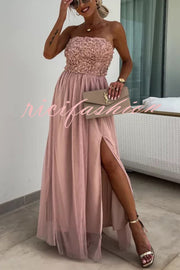 Romance and Lightness Tulle Floral Texture Pleated Patchwork Strapless Slit Maxi Dress