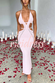 Effortlessly Cool and Sexy Knit Crochet Cutout Halter Tie-up Stretch Maxi Dress