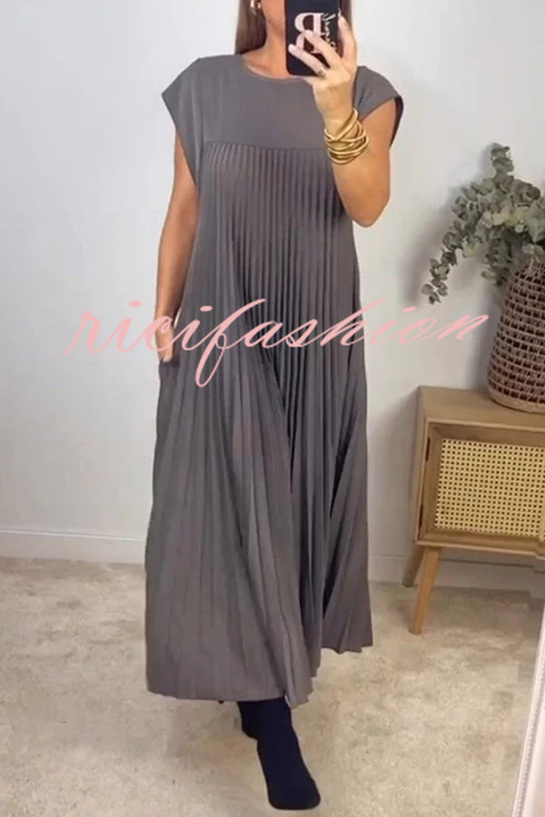 Solid Color Round Neck Sleeveless Pleated Large Hem Maxi Dress