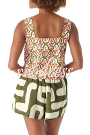 Vacation Chic Linen Blend Unique Print Square Tank and Elastic Waist Pocketed Shorts Set