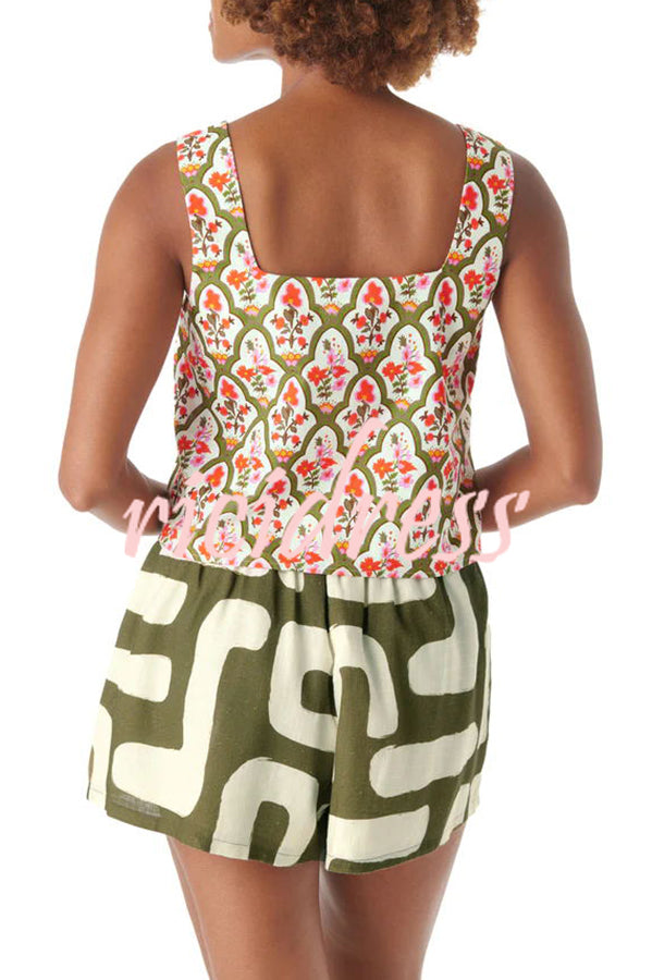 Vacation Chic Linen Blend Unique Print Square Tank and Elastic Waist Pocketed Shorts Set