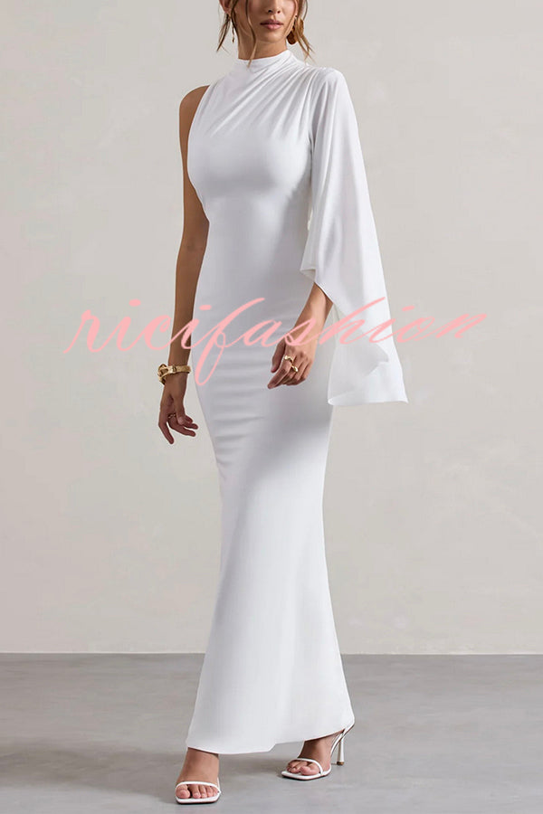 Ready When You Are High Neck One Ruffle Sleeve Maxi Dress