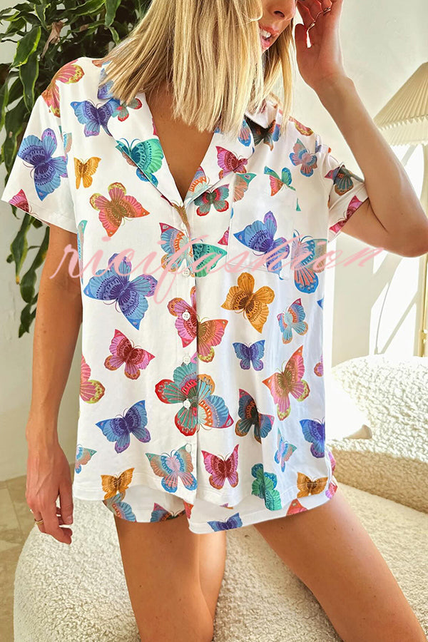 Summer Adventures Unique Print Pocket Loose Shirt and Elastic Waist Shorts PJ / Vacay Set