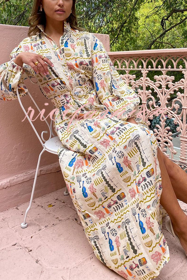 Country Cutie Unique Print Long Sleeve Belted Pocket Shirt Maxi Dress