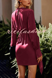 Satin Round Neck Long Sleeve Elastic Tie Mini Dress