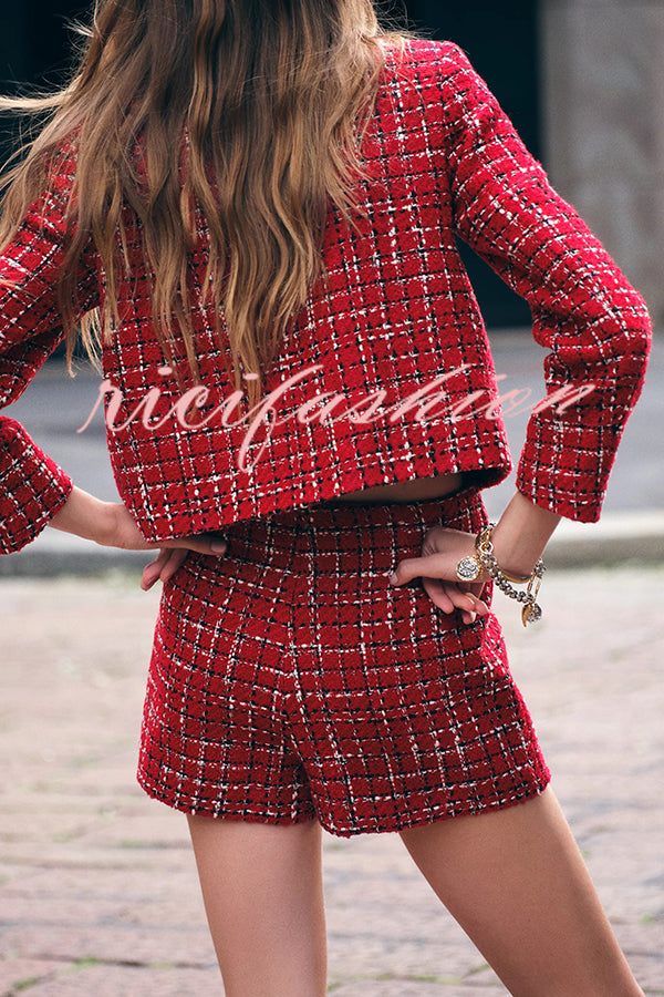 Tweed Plaid Textured Long-sleeved Casual Pocket Jacket