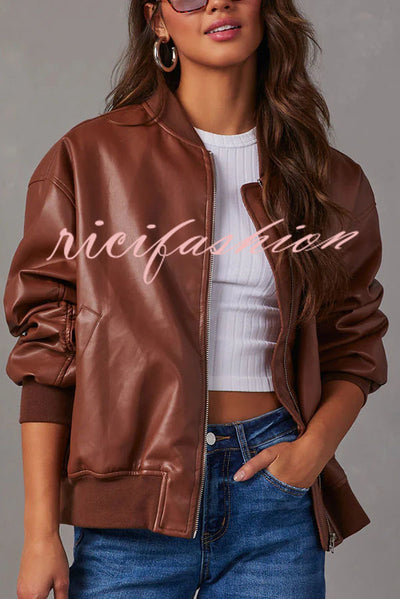 Solid Color Long Sleeve Loose Pocket Leather Jacket