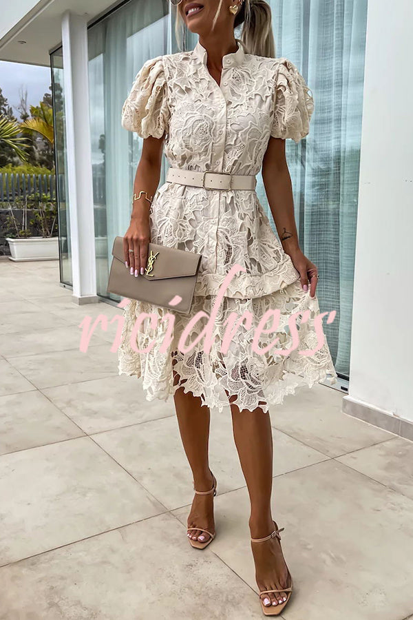 Absolutely Elegant Floral Crochet Lace Puff Sleeve Belted Shirt Midi Dress