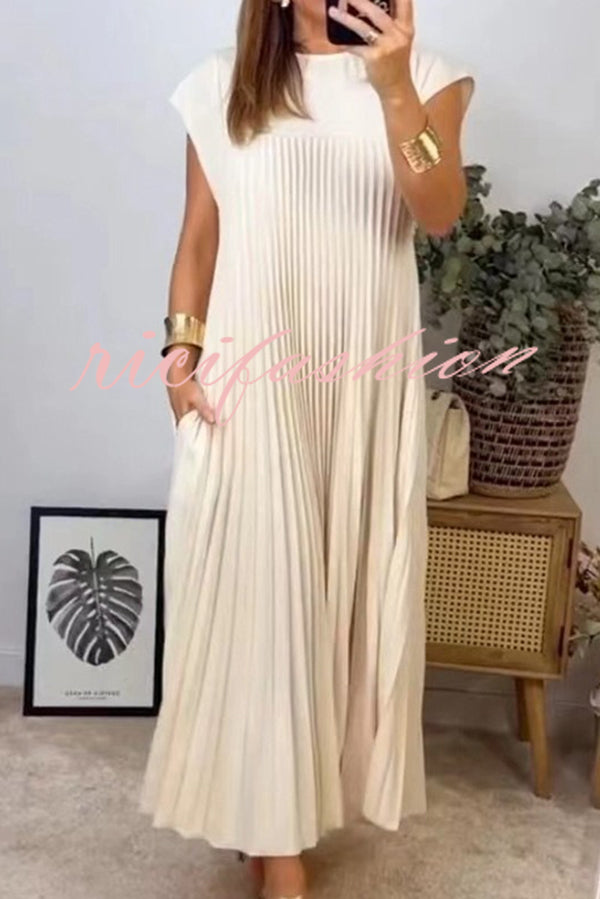 Solid Color Round Neck Sleeveless Pleated Large Hem Maxi Dress