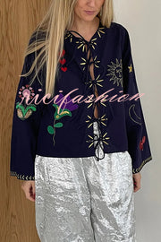 Fashionable Embroidered Lace-up Long-sleeved Loose Top