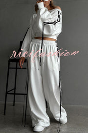 Contrast Color Webbing Casual Sweatshirt and Elastic Waist Tie Loose Pants Set