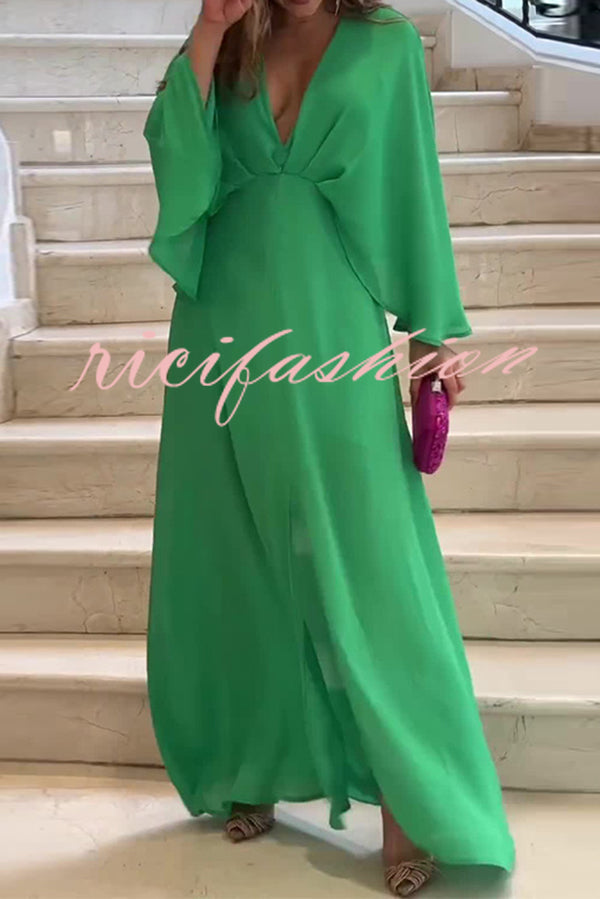 Solid Color V Neck High Waist Slit Casual Maxi Dress