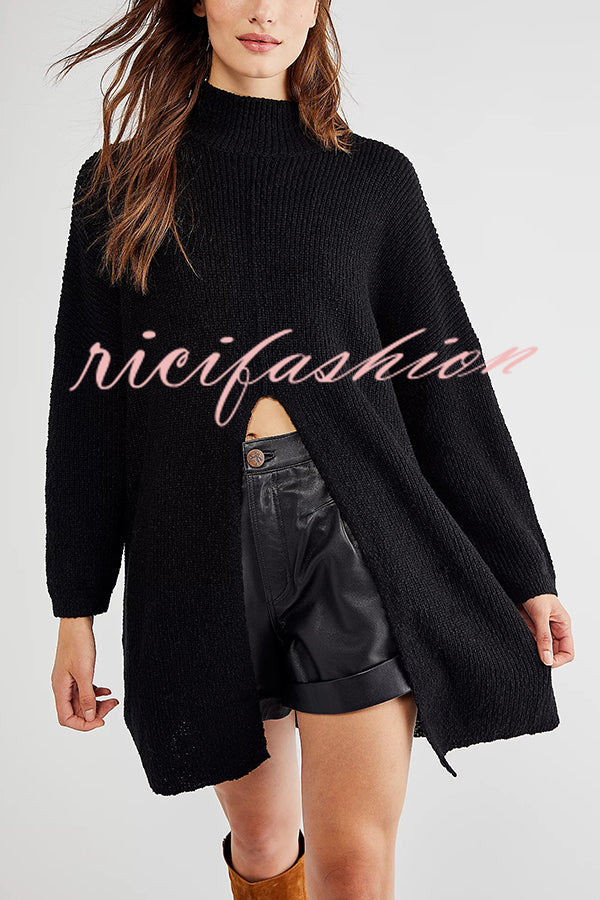 Solid Color Long Sleeve Slit Knitted Sweater