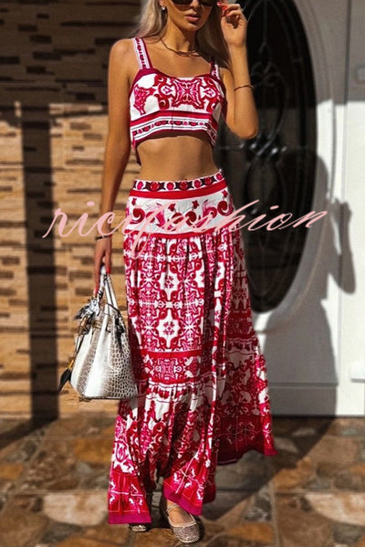 Unique Printed Sexy Sling Tank and Elastic Waist Large Hem Maxi Skirt Set