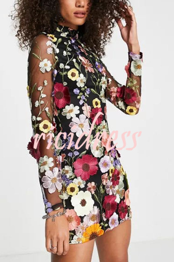 Elegantly Enchanted Floral Applique Backless Long Sleeve Mini Dress