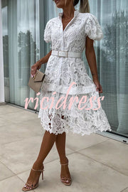 Absolutely Elegant Floral Crochet Lace Puff Sleeve Belted Shirt Midi Dress