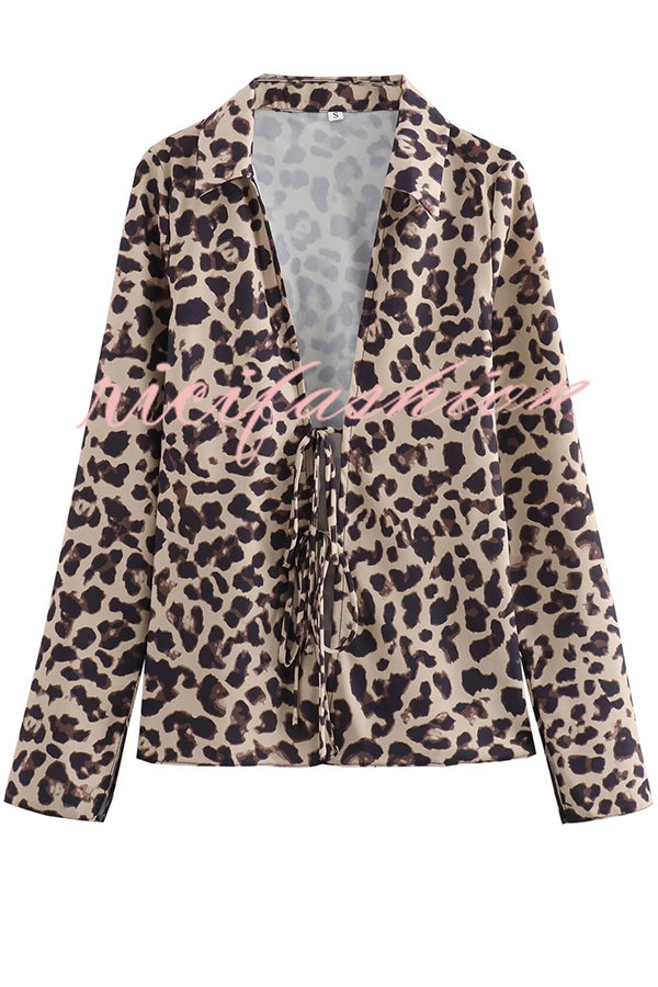 Edith Leopard Print Front Lace-up Long Sleeve Loose Blouse