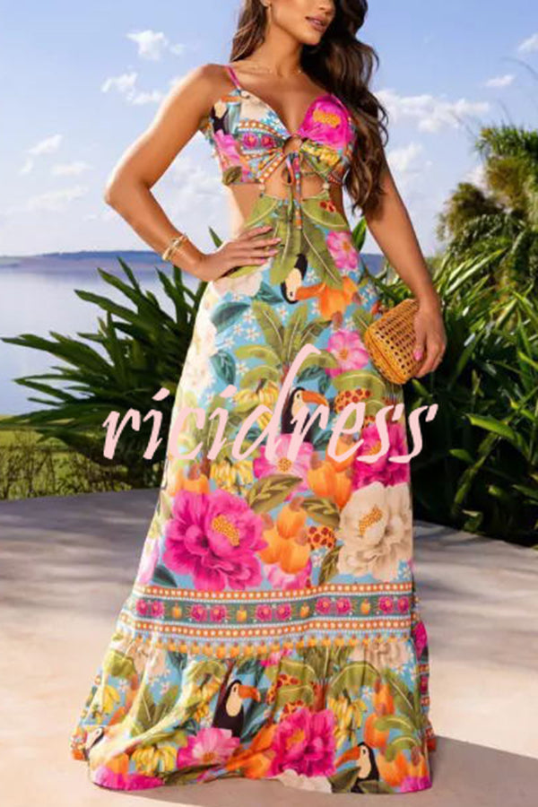 Mexico Style Tropical Print Ring Cutout Lace-up Vacation Maxi Dress