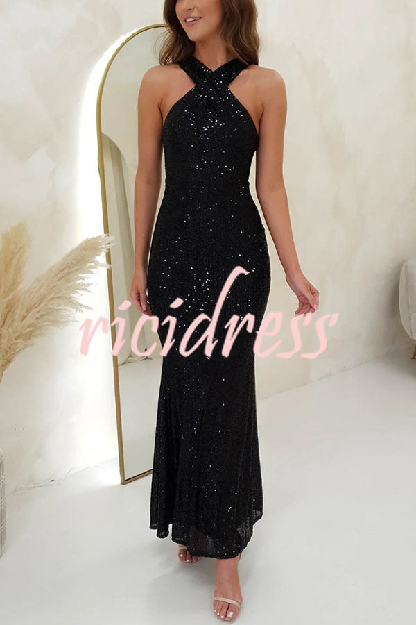 Time To Sparkle Sequin Cross Halter Neck Backless Maxi Dress