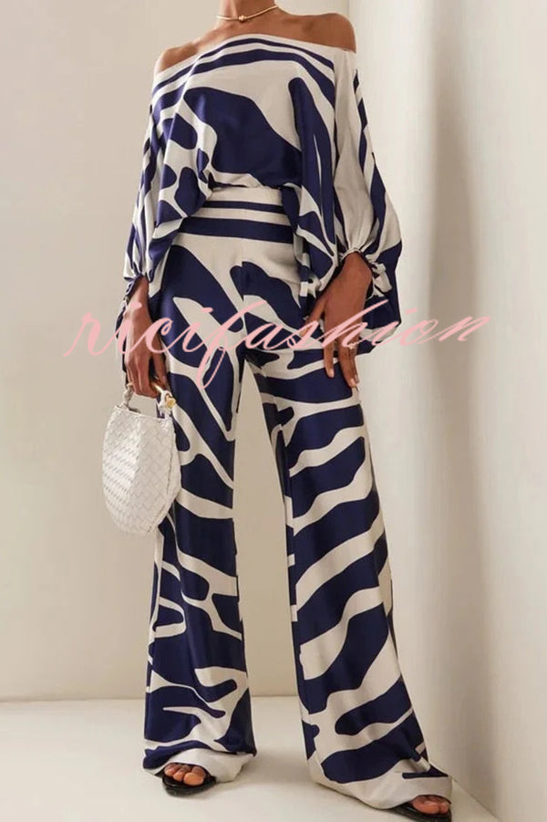 Coco Satin Unique Print Off Shoulder Dolman Sleeve Top and Loose Wide Leg Pants Set