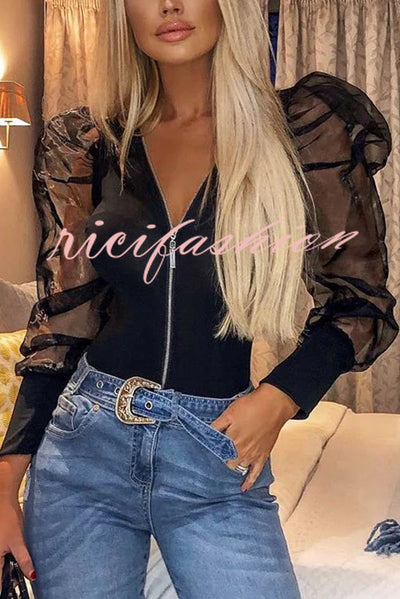 Solid Color Zip Front Sheer Puff Sleeves Bodysuit