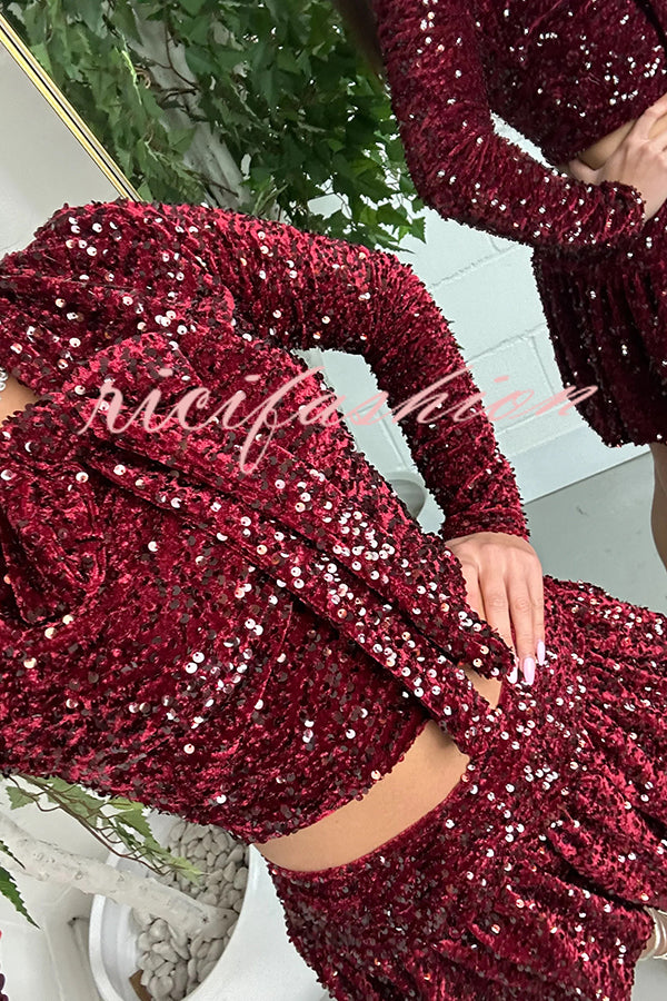 Solid Velvet Sequined Long Sleeve Tie Top and Seersucker Mini Skirt Set