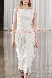 Sculptural Effect Linen Blend Twisted Shoulder Strap Drape Maxi Dress