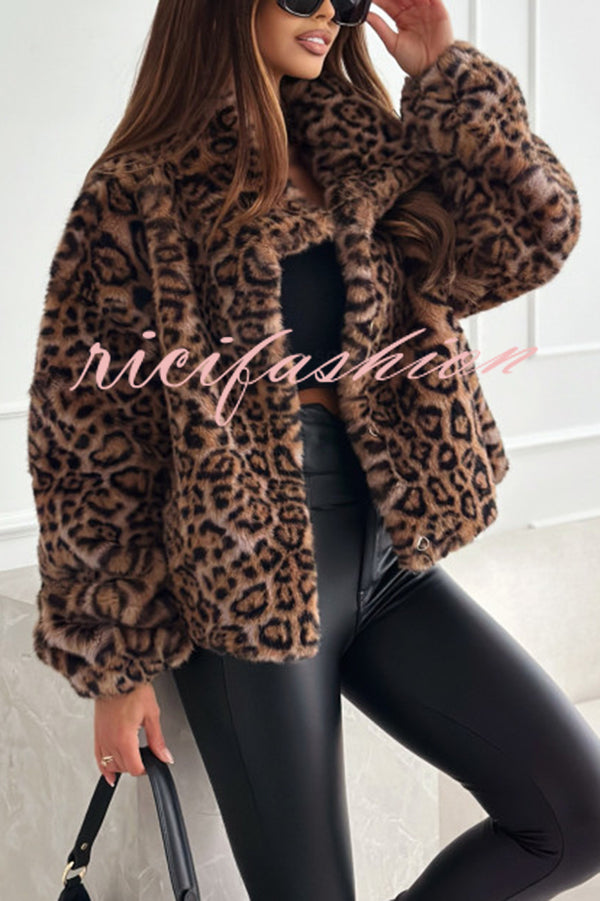 Stylish Leopard Print Lapel Long Sleeve Short Coat