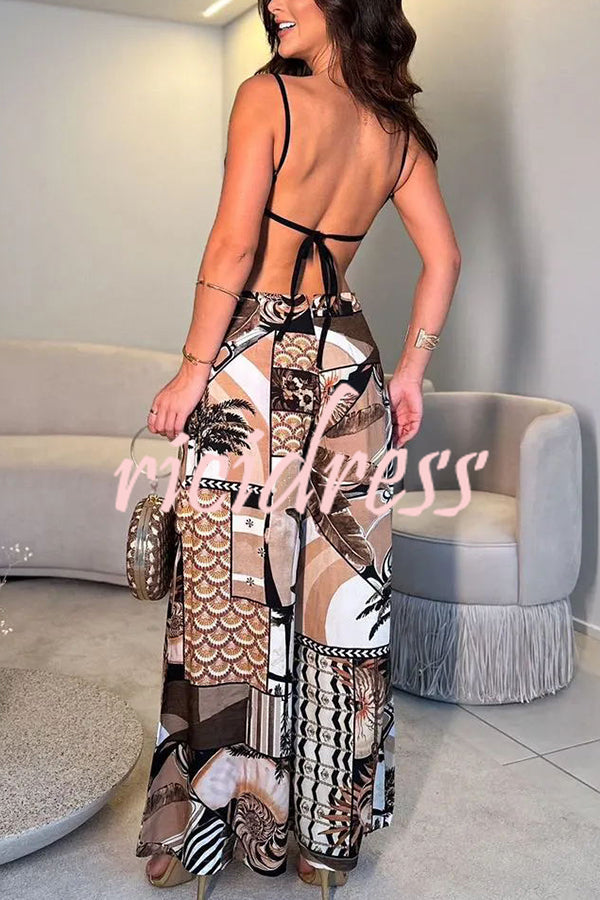 Tulum Dreaming Strap Cross Design Patchwork Printed Elastic Waist Backless Jumpsuit