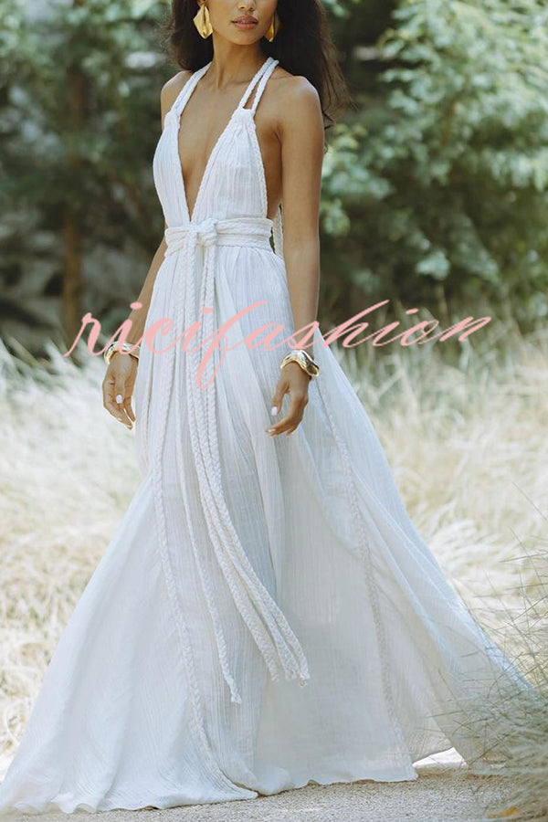 Summer Whispers Linen Blend Draped Braids Deep V-neck Halter Backless Cover Up Maxi Dress