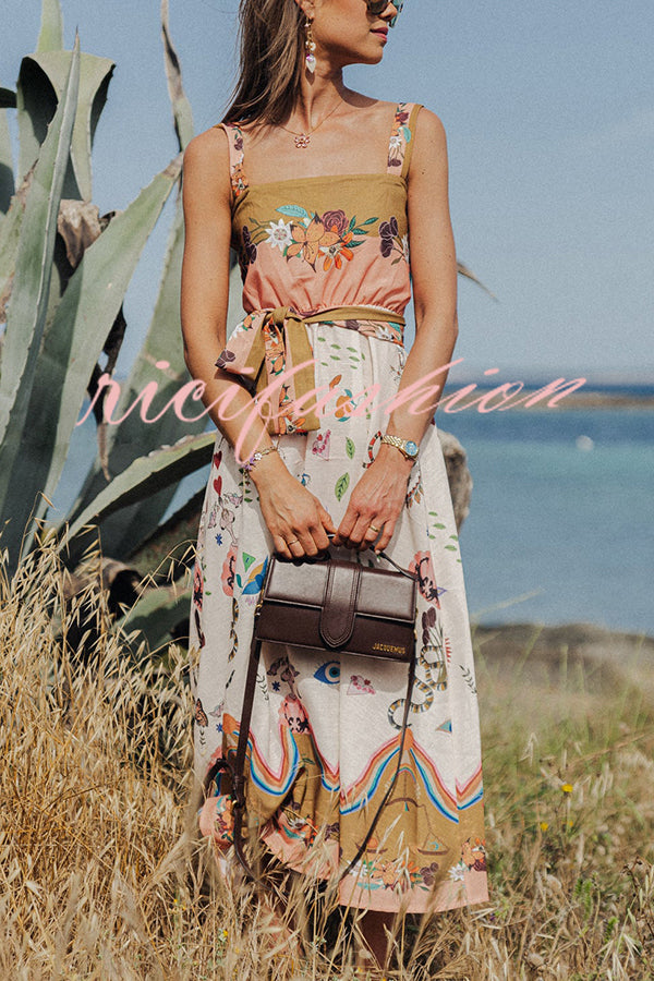 Summer Vibes Linen Blend Unique Print Smocked Belt Midi Dress