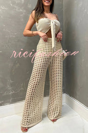 Riley Knit Front Knotted Bandeau and Stretch Hollow Out Wide Leg Pants Set